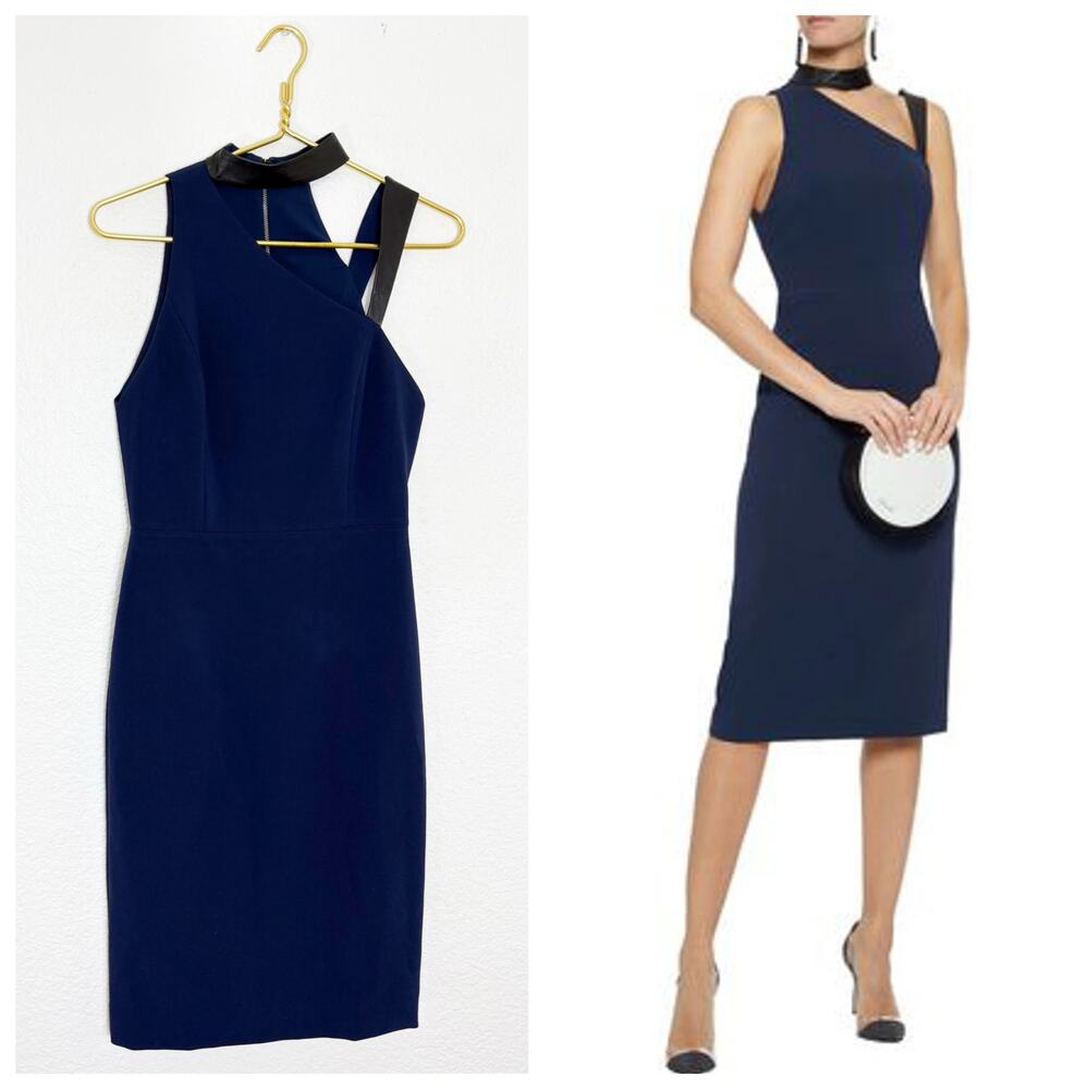 Alice + Olivia Jona Cutout Leather-Trimmed Cady Dress Navy Size 4 Cocktail Chic